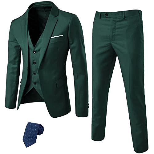 MrSure Men’s 3 Piece Suit Blazer, Slim Fit Tux with One Button, Jacket Vest Pants & Tie Set for Party, Wedding and Business, Deep Green, Large - green - Large