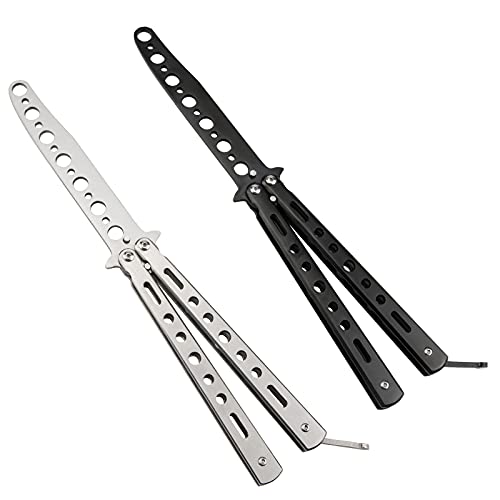 Butterfly Knife, Trainer Practice Tool Steel Metal Folding Knife Unsharpened Butterfly Knife Comb for Practicing Flipping Tricks (Black and Silver, Set of 2)