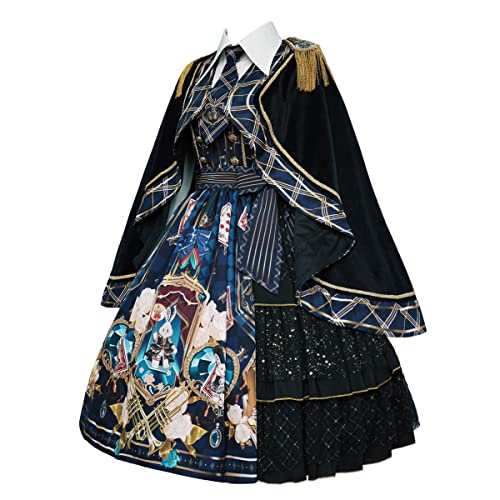 Mingyuezai Cute and Gorgeous Print Bunny Band Sleeveless JSK Princess Halloween Christmas Weekend Party Dress Three-Piece - Large - Slip Dress+shirt+cloak(blue)