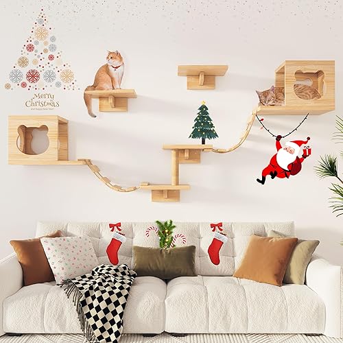 PETKABOO Cat Wall Furniture, Cat Wall Shelves, Wall Mounted Cat Shelves for Wall with Condo, Ladder, Platform and Scratching Post, Cat Wall Climber for Playing, Cat Climbing Wall, Cat Wall Steps - Cat Wall Shelf