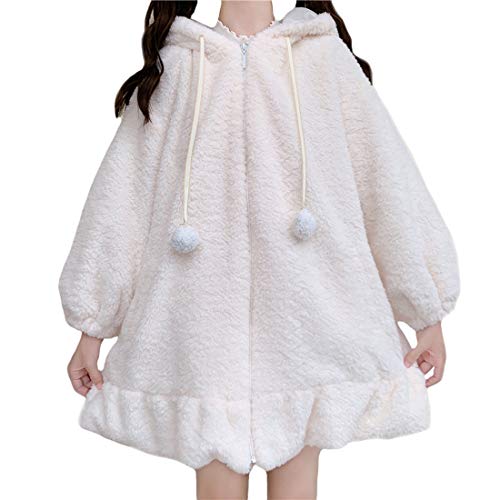 Girl’s Cute Warm Coats Japanese Style Kawaii Bunny Ear Lambswool Loose Hoodie Tops Zipper Outwear - One Size - White