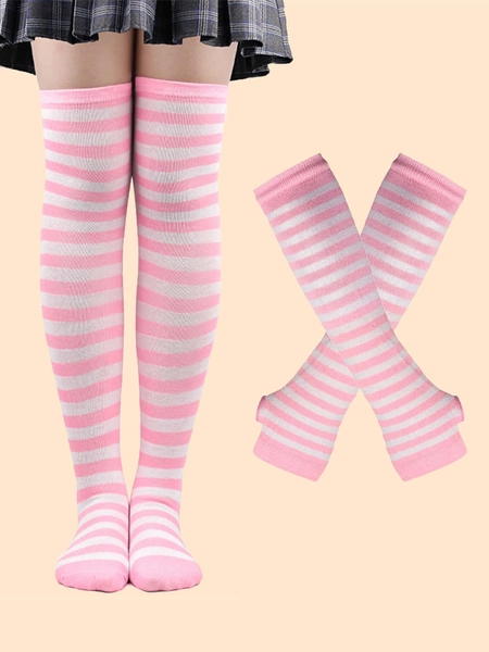 Striped Fingerless Gloves & Over The Knee Socks