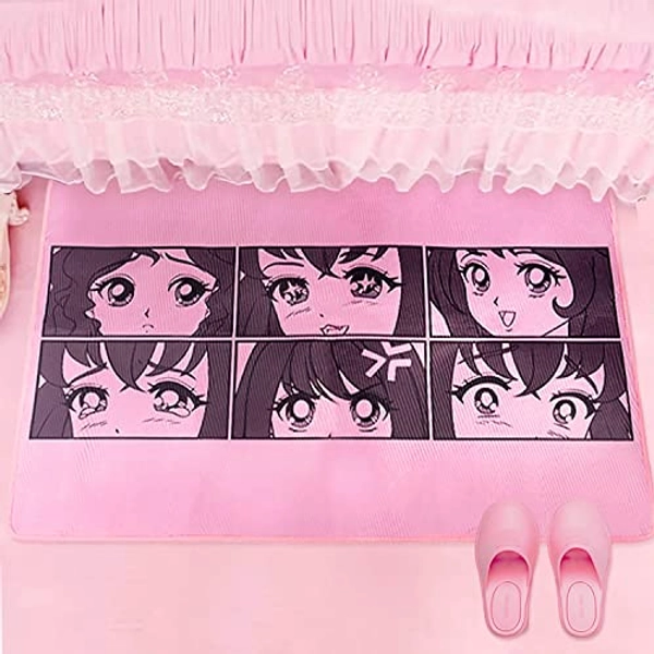 Glopastel Anime Eyes Rug | Cute Kawaii Kids Rectangle Room Decor Area Carpet | Machine Washable Happy Girl Expressions Design (Pink Gray, 31x47)