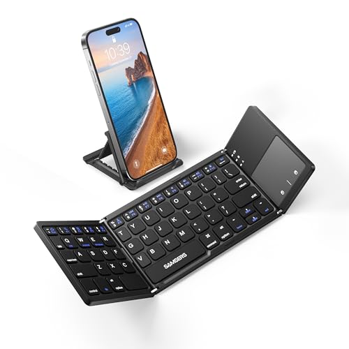 Samsers Foldable Bluetooth Keyboard with Touchpad - Portable Wireless Keyboard with Holder, Rechargeable Full Size Ultra Slim Pocket Folding Keyboard for Android Windows iOS Tablet & Laptop - Black - BT x 1 - Black