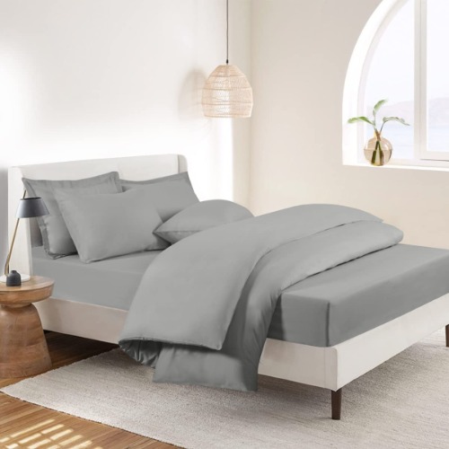 RUIKASI Bedding Set with Fitted Sheet - Double Duvet Cover with Pillowcases and 40cm Deep Pocket Bed Sheet Grey 4 Pieces Bedding Set