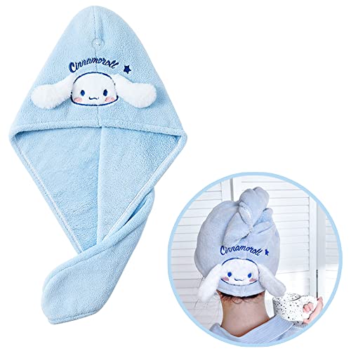 ROFOLO Kawaii Microfiber Hair Towel for Women, Super Absorbent Hair Shower Cap for Long Hair, Quick Dry Towel Wrap with Botton of Cute Hairbands for Women Girls Bath Accessories(Blue) - Sky Blue