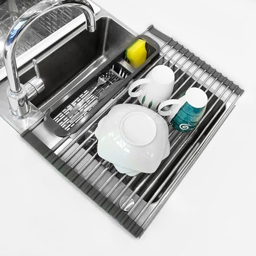 Dolreiik Roll-Up Dish Drying Rack Over The Sink, 304 Stainless Steel Dish Drainer, Foldable & Adjustable Sink Drying Rack for Kitchen Sink Countertop with Utensil Holder (Gray, Expandable) - Expandable Size - Gray
