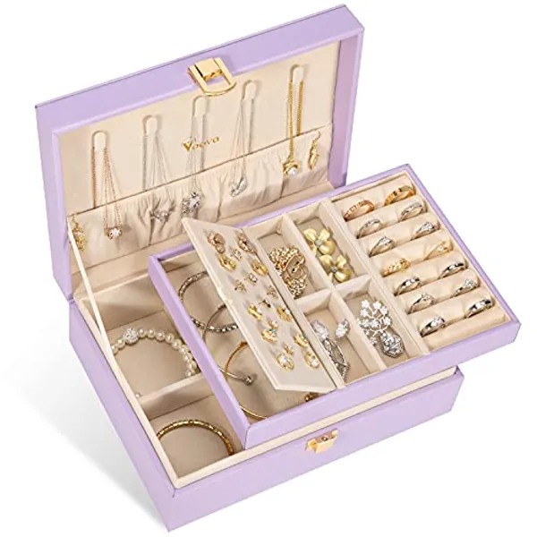 Voova Jewelry Box Organizer for Women Girls, 2 Layer Large Men Jewelry Storage Case, PU Leather Display Jewellery Holder with Removable Tray for Necklace Earrings Rings Bracelets,Vintage Gift,Lavender - Medium - M-Lavender
