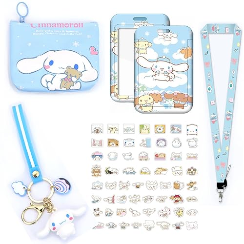 Cinnamoroll ID Badge Holder with Lanyard Cinnamoroll Keychain Cinnamoroll Wallet Cinnamoroll Stickers 60 Pcs Cute Cinnamoroll Gift Set Cinnamoroll Accessories Set for Girls - Blue