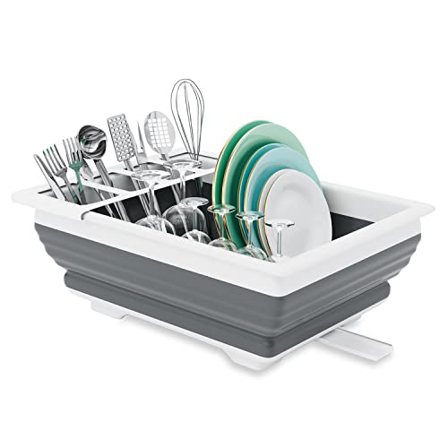 THANSTAR Collapsible Dish Drainer Portable Dinnerware Drainer Organizer for Kitchen RV Campers Travel Trailer Space Saving Kitchen Storage Tray - Grey-collapsible
