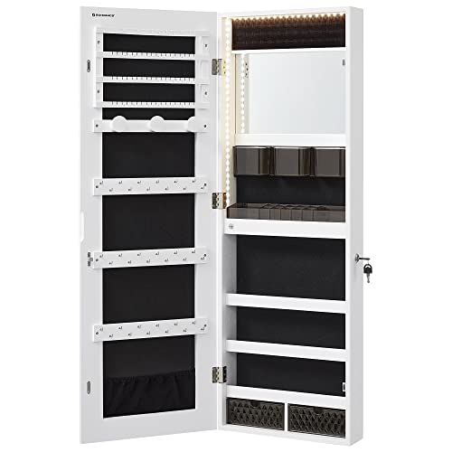 SONGMICS Mirror Jewelry Cabinet Armoire Organizer, Wall or Door Mount Storage Cabinet with Full-Length Frameless Lighted Mirror, Built-in Makeup Mirror, 2 Drawers, Lockable, White UJJC013W01 - White - with Built-in Lighted Mirror - Jewelry Cabinet