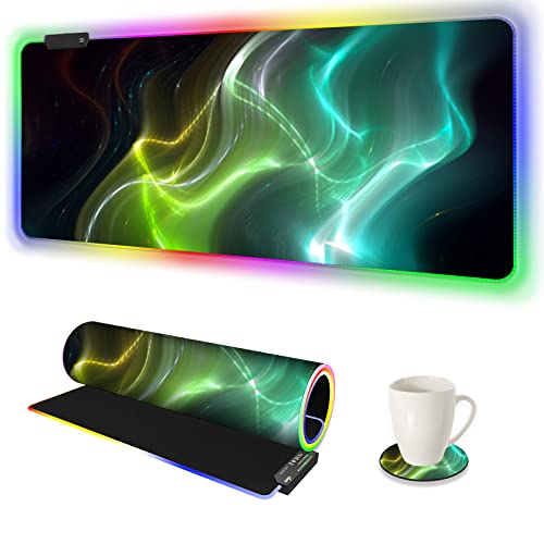 AIMSA Large Gaming Mouse Pad RGB, Keyboard Led Mousepad Extended 35.4 x 15.8 inch Non-Slip Rubber Base with 14 Lighting Modes, Big Desk Mat Waterproof, Cool Aurora - Cool Aurora