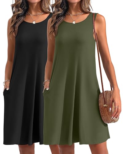 Ficerd 2 Pack Women's Summer Casual Dresses, Beach Cover up Tank Dress with Pockets Plain Round Neck Swing T Shirt Sundresses - Small - Black, Olive Drab