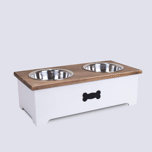Luxury Dog Food Feeding Stand Station Stainless Double Raised Bowls Pet Feeder (Medium, White)