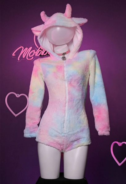  Bodysuit Plush Hooded Cow Style Deep V Romper and Socks with Choker and Tail
