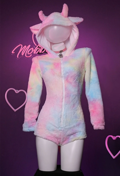 Bodysuit Plush Hooded Cow Style Deep V Romper and Socks with Choker and Tail