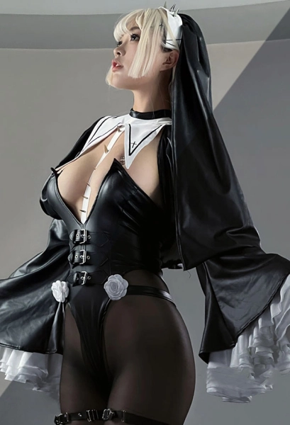 Nun Style Bodysuit Deep V High Waisted Bodysuit and Top with Leg Rings and Veil
