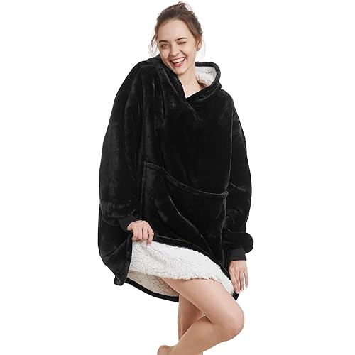 Aemilas Wearable Blanket Hoodie - Warm Sherpa Blanket Sweatshirt as Gifts for Adult Women Mom Men, One Size Fits All - A- Black/Sherpa - Solid