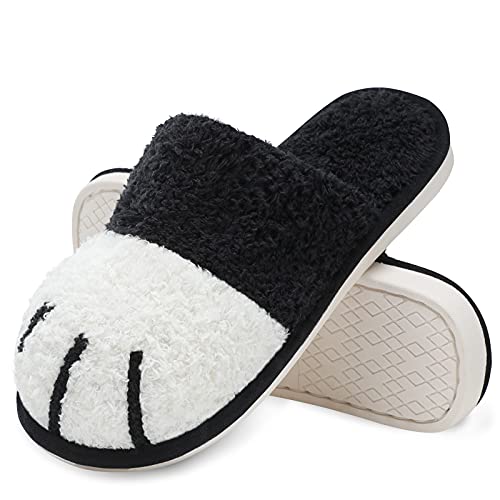 MAXTOP Cute Animal Slippers for Women, Soft Plush Cat Paw House Slippers with Cozy Memory Foam Slip-on Indoor Outdoor Slippers Creative Gifts for Women Men - 7-8 Women/5-6 Men - Black