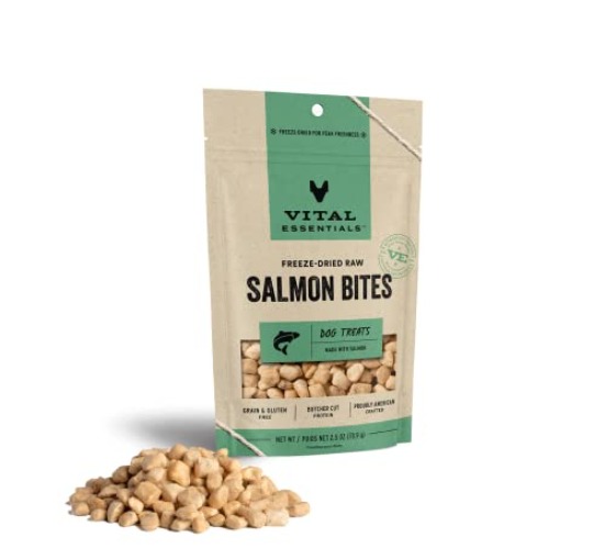 Vital Essentials Freeze Dried Raw Salmon Bites Dog Treats, 2.5 oz | Premium Quality High Protein Training Treats | Grain Free, Gluten Free, Filler Free - Salmon Bites - 2.5 Ounce (Pack of 1)