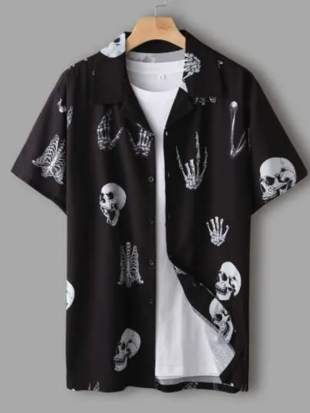 Guys Skull Print Button Up Shirt