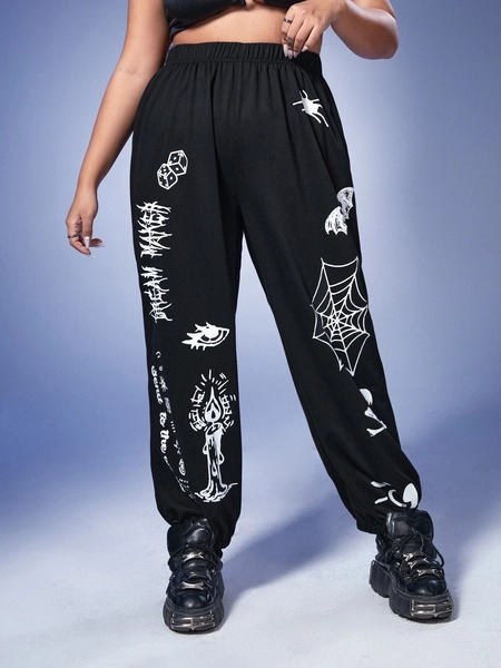 Goth Plus Letter & Spider Web Print Sweatpants