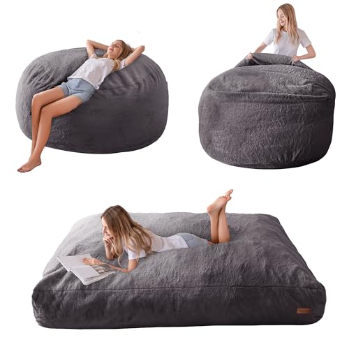 MAXYOYO Giant Bean Bag Chair Bed for Adults, Convertible Beanbag Folds from Lazy Chair to Floor Mattress Bed, Large Floor Sofa Couch, Big Sofa Bed, High-Density Foam Filling, Machine Washable - Full - Dark Grey