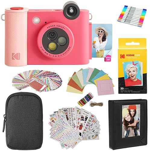 KODAK Smile+ 2-in-1 Digital Instant Print Camera & Printer Gift Bundle + Case + Zink 2x3 Sticky Back Photo Paper 20pk + Album + Sticker Sets + Sticker Frames + Hanging Frames + Markers - Fuchsia - Fuchsia - Gift Bundle