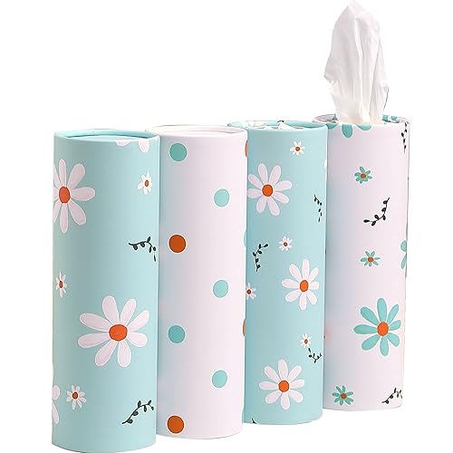 Car Tissue Holder with Facial Tissues Bulk - 4 PK Car Tissues Cylinder, Tissue Holder for Car, Travel Tissues for Car Cup Holder, Refill Car Tissue Box Round Container - White - 4 Count (Pack of 1)