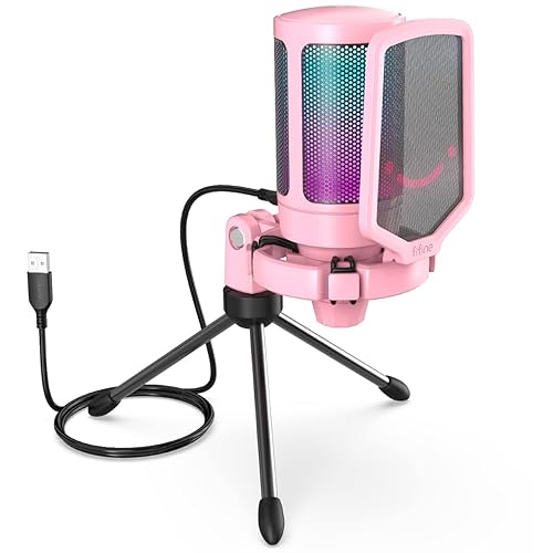 FIFINE USB Gaming PC Microphone for Streaming Podcasts, AmpliGame RGB Computer Condenser Desktop Mic, Cardioid Pattern for YouTube Video, Plug and Play on PS4 PS5, with Quick Mute, Mic Gain-A6V Pink - Pink
