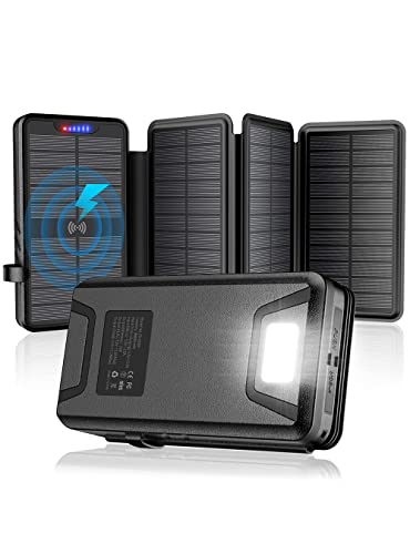 Solar Charger 38800mAh Solar Power Bank with Dual 5V3.1A Outputs 10W Qi Wireless Charger Waterproof Built-in Solar Panel and Bright Flashlights - Black