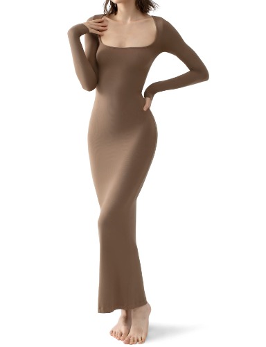 PUMIEY Women's Square Neck Long Sleeve Maxi Dress Soft Lounge Ribbed Bodycon Dresses for Women