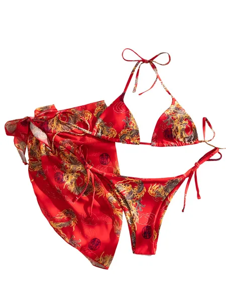 SweatyRocks Women's 3 Piece Swimsuit Halter Triangle Bra Bikini Set with Skirt - Small Dragon Red