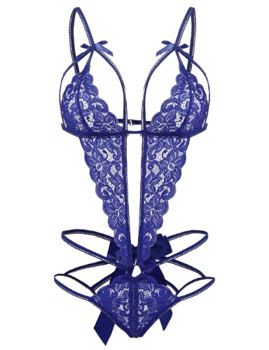 Donnalla Women's Deep V Lace Teddy One Piece Lingerie Cutout Strappy Lingerie - Medium Blue