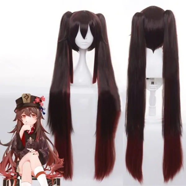 Lusha Hutao Wig Genshin Impact Cosplay Costume Wigs Anime Synthetic Brown Pigtails Hair With Free Wig Cap For Party