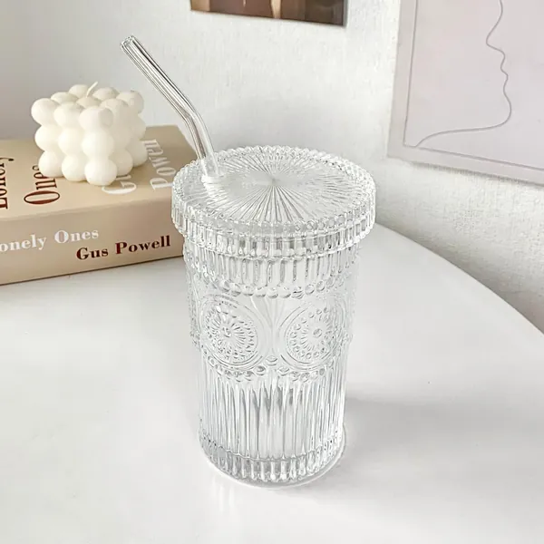 Sunflower Ridged Glass Cup with Straw