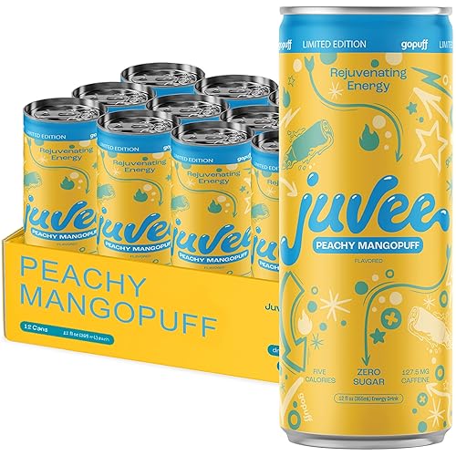 Juvee Rejuvenating Energy Drink. Sugar Free Energy Drinks. Taurine, Vitamin B12, Vitamin B6. 128 Mg Of Caffeine. L-Theanine For Mood Support. Panax Ginseng For Focus. Vitamin C For Immune Support. Gluten Free 12 oz - 12 Pack - Peachy Mangopuff - Peachy Mangopuff