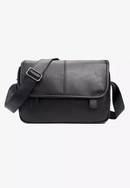 Men's Plain Magnetic Button Flap Zipper Messenger Sling Bag - Black