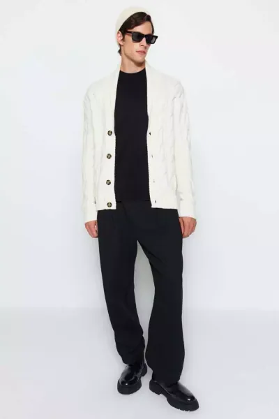 Ecru Men's Slim Fit Shawl Collar Knitwear Sweater Cardigan