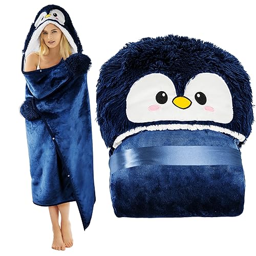 Penguin Wearable Hooded Blanket for Adults – Super Soft Warm Cozy Plush Flannel Fleece & Sherpa Hoodie Throw Cloak Wrap - Penguin Gifts for Women Adults Girls and Kids - Dark Blue