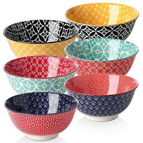 DOWAN Porcelain Cereal Bowls, 23 Fluid Ounces Vibrant Colors Soup Bowls, Cute Oatmeal Bowls for Pasta, Small Salad, Stews, Rice, Microwave and Dishwasher Safe, Lightweight, Set of 6 - 23 oz