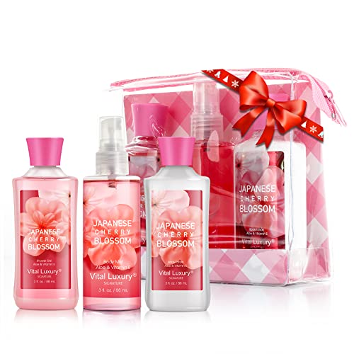 Vital Luxury Bath & Body Care Travel Set – An Ideal Home Spa Gift Set Includes Body Lotion, Shower Gel, and Fragrance Mist - Enriched with Natural Extracts for Men & Women (Cherry Blossom) - Floral