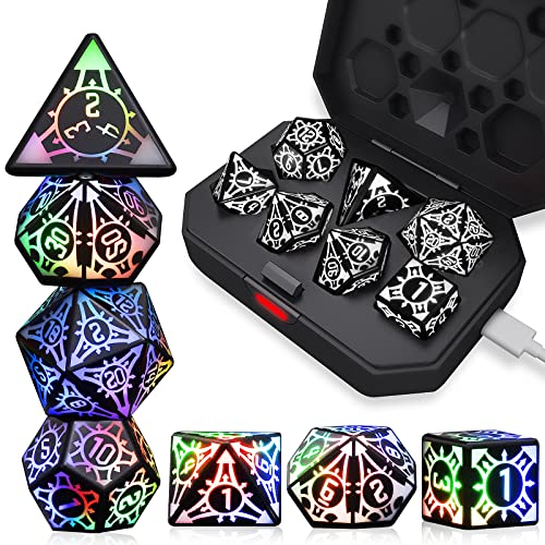 7PCS DND Dice Set LED Rechargeable Light Up Dice Glowing Dice Set for Dungeon and Dragons, Luminous DND Dice, Role Playing Table Games, RPG Polyhedral Dice - Type a