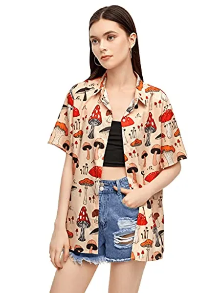 SweatyRocks Women's Short Sleeve Cute Print Button Down Shirt Tops - Large - Mushroom Apricot