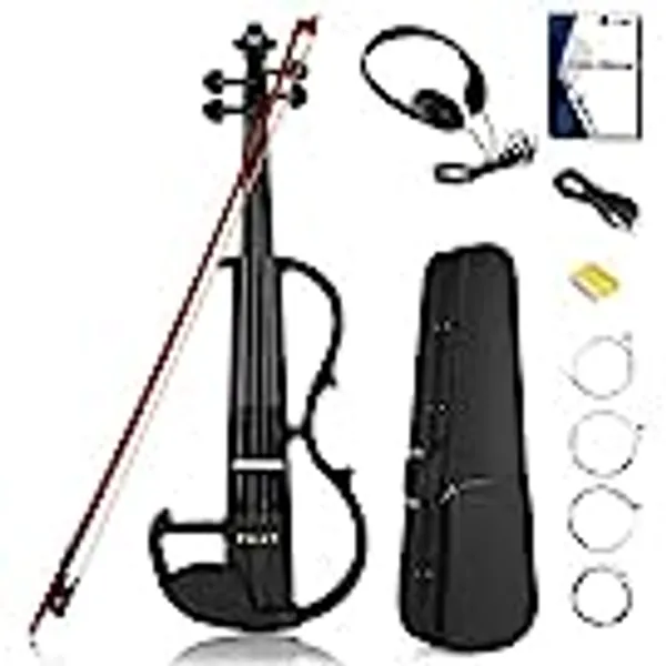 Vangoa Electric Violin Full Size 4/4, Black Silent Electric Violin, Solid Wood Metallic Electric Fiddle with Ebony Fittings, Beginner Kit for Adults Teens