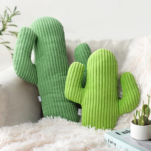 AELS Set of 2 Cactus Decorative Throw Pillows, 22"&14" Corduroy Striped Cactus Plush Pillow Set, Office Nap Pillow, Cute Succulent Throw Pillow for Nursery Bedroom Room Decor, Grass Green & Lime Green - Grass Green & Lime Green - Corduroy