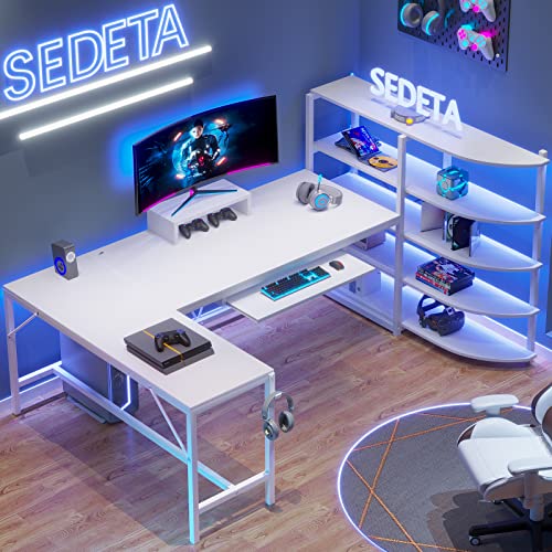 SEDETA L Shaped Computer Desk, 63'' Corner Gaming Desk with Keyboard Tray & LED Lights, L Shaped Desk with Storage Shelves, Monitor Stand and Headphone Hook for Home Office, White - White
