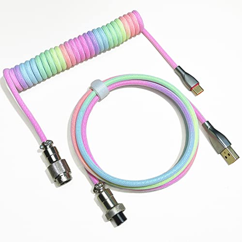 ZDawnn Braided Keyboard Cables 1.5m Coiled Type-C to USB A with Detachable Aviator Connector.for Gaming Keyboard/Tablet (Rainbow) - Rainbow