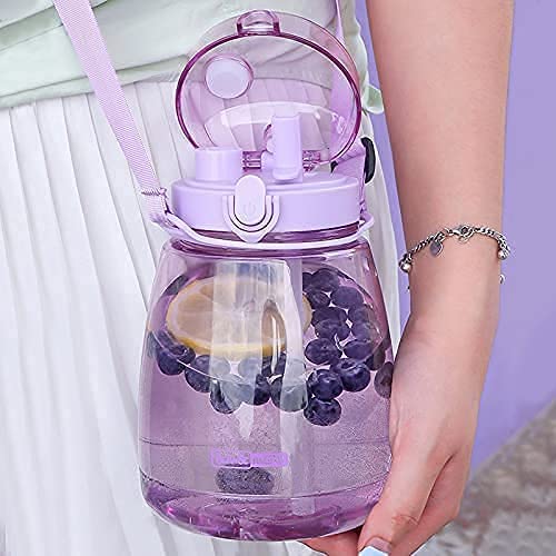 MOIOIBE Kawaii Water Bottle with Straw 45oz with Two Ways to Dinking Modern Cute Water Jug With Strap for Women/Teen Girl/School, Purple - Purple - 45oz