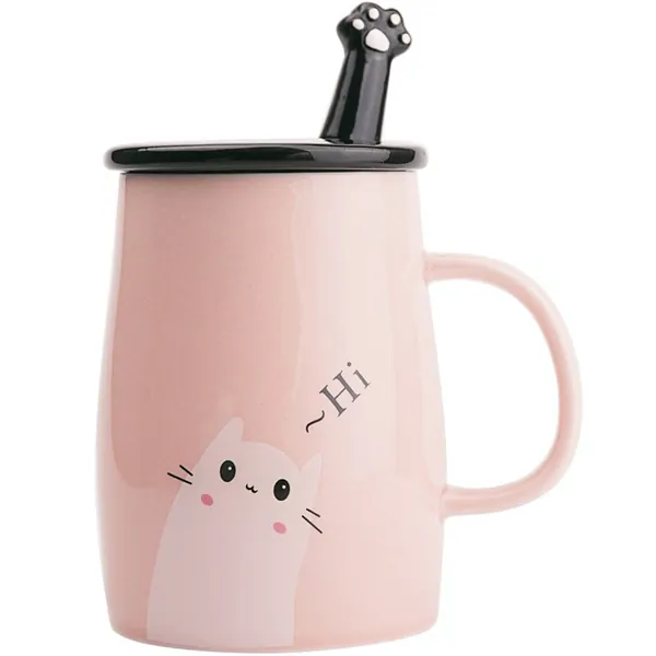 Angelice Home Pink Cute Cat Mug, Funny Ceramic Coffee Mug with Stainless Steel Spoon, Novelty Coffee Mug for Crazy Cat Lady - Pink Kitty